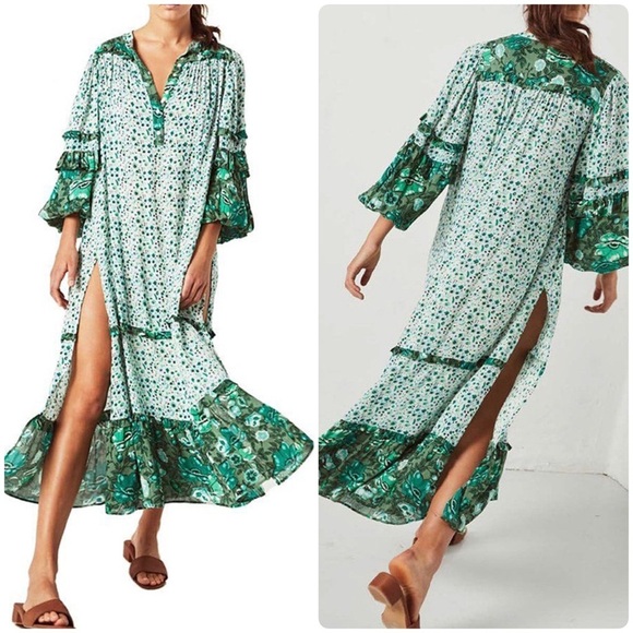 Retro Bohemian Green and White Floral Flowy Beach Vacation Maxi Dress Size XL - Picture 3 of 10